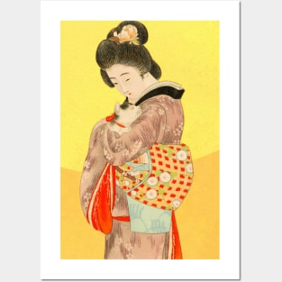 Japanese lady holding a cat - vintage Japanese art Posters and Art